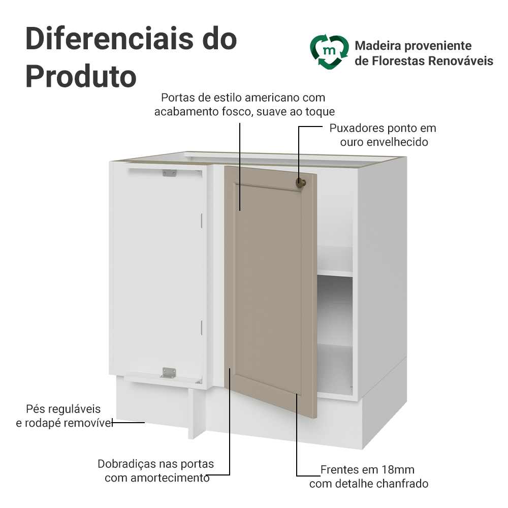 Balcão de Canto para Linha de 60 cm Profundidade (Sem Tampo) Branco/Crema Vik Madesa