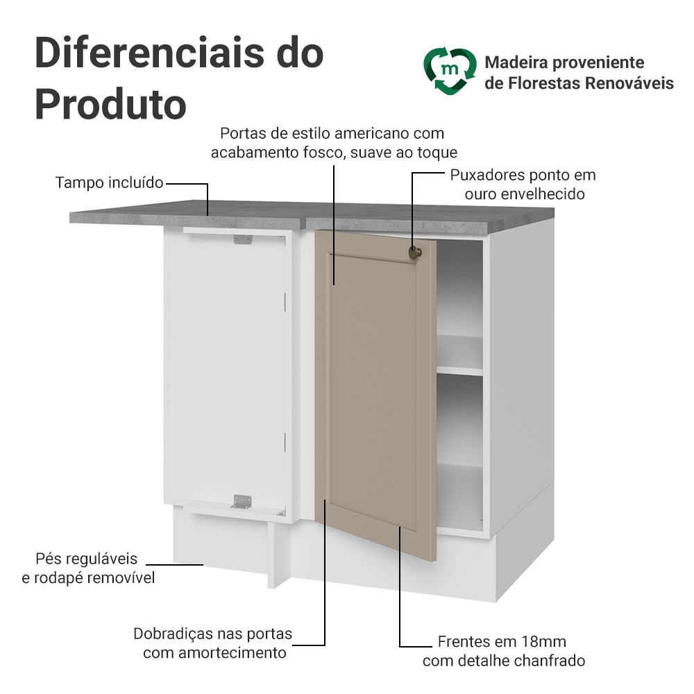 Balcão de Canto para Linha de 60 cm Profundidade (Com Tampo) Branco/Crema Vik Madesa