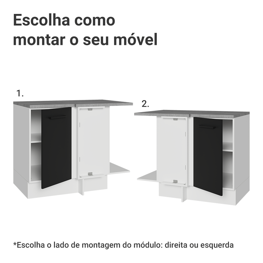Balcão de Canto Madesa Agata 1 Porta 60 cm Profundidade (Com Tampo) Branco/Preto