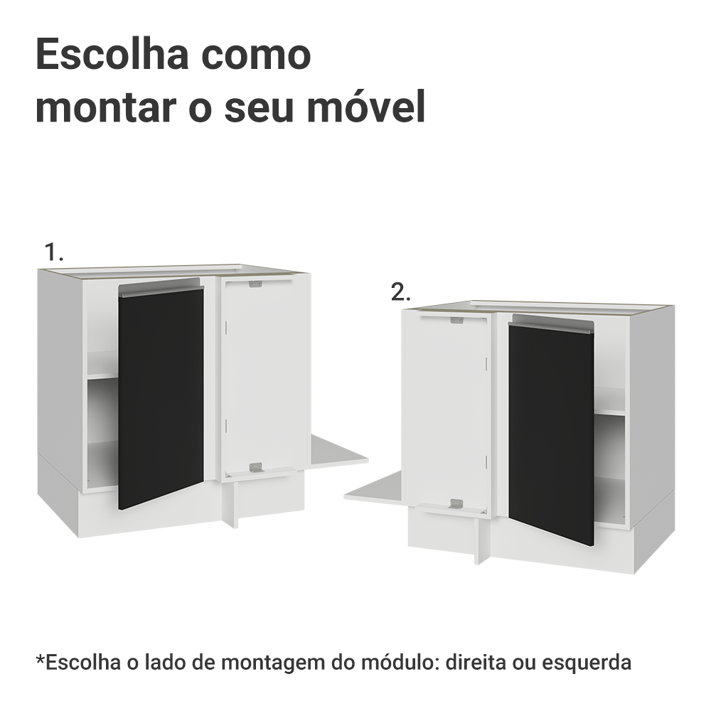 Balcão Cozinha de Canto 1 Porta 60 cm Profundidade (Sem Tampo) Branco/Preto Glamy Madesa