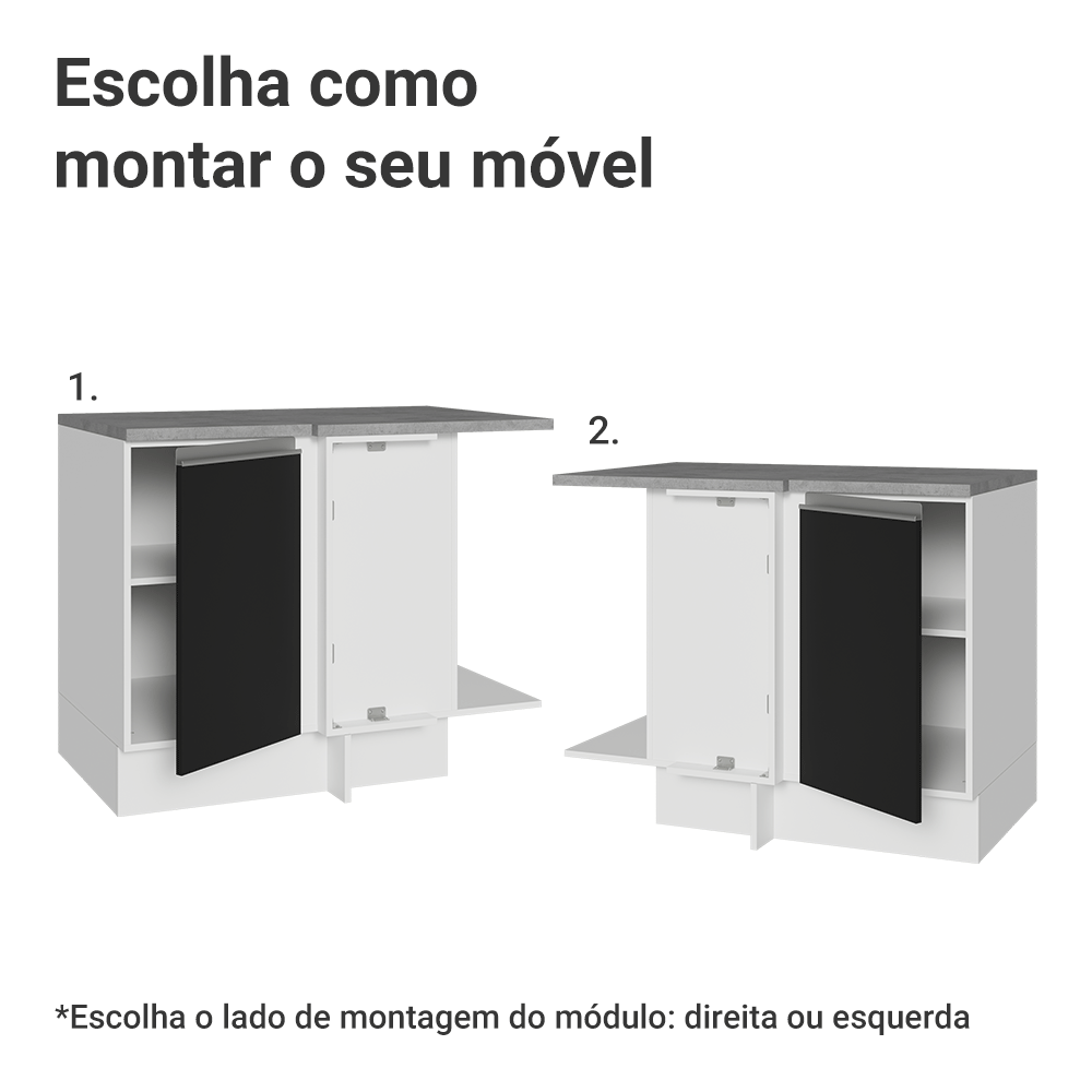 Balcão de Canto Madesa Glamy 1 Porta 60 cm Profundidade (Com Tampo) Branco/Preto