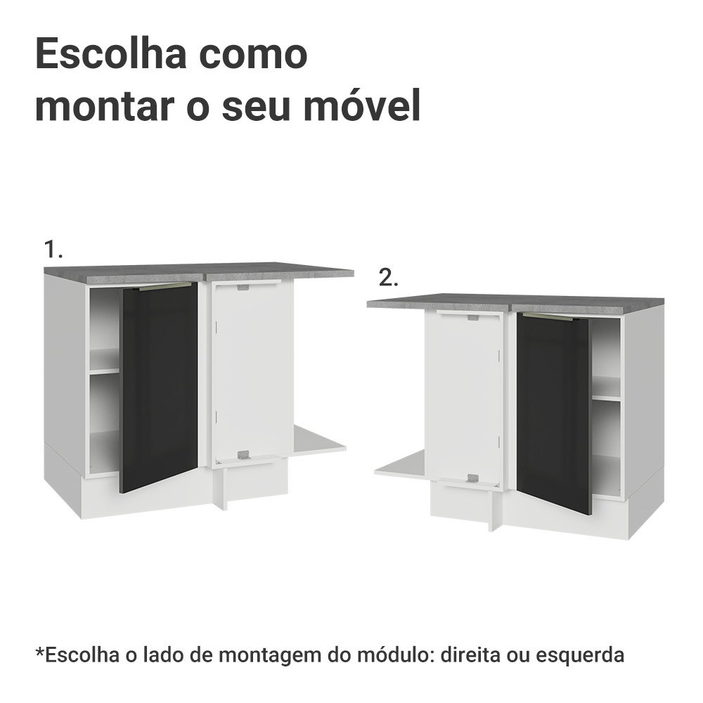 Balcão de Canto para Linha de 60 cm de Profundidade 1 Porta (Com Tampo) Branco/Preto Lux Madesa