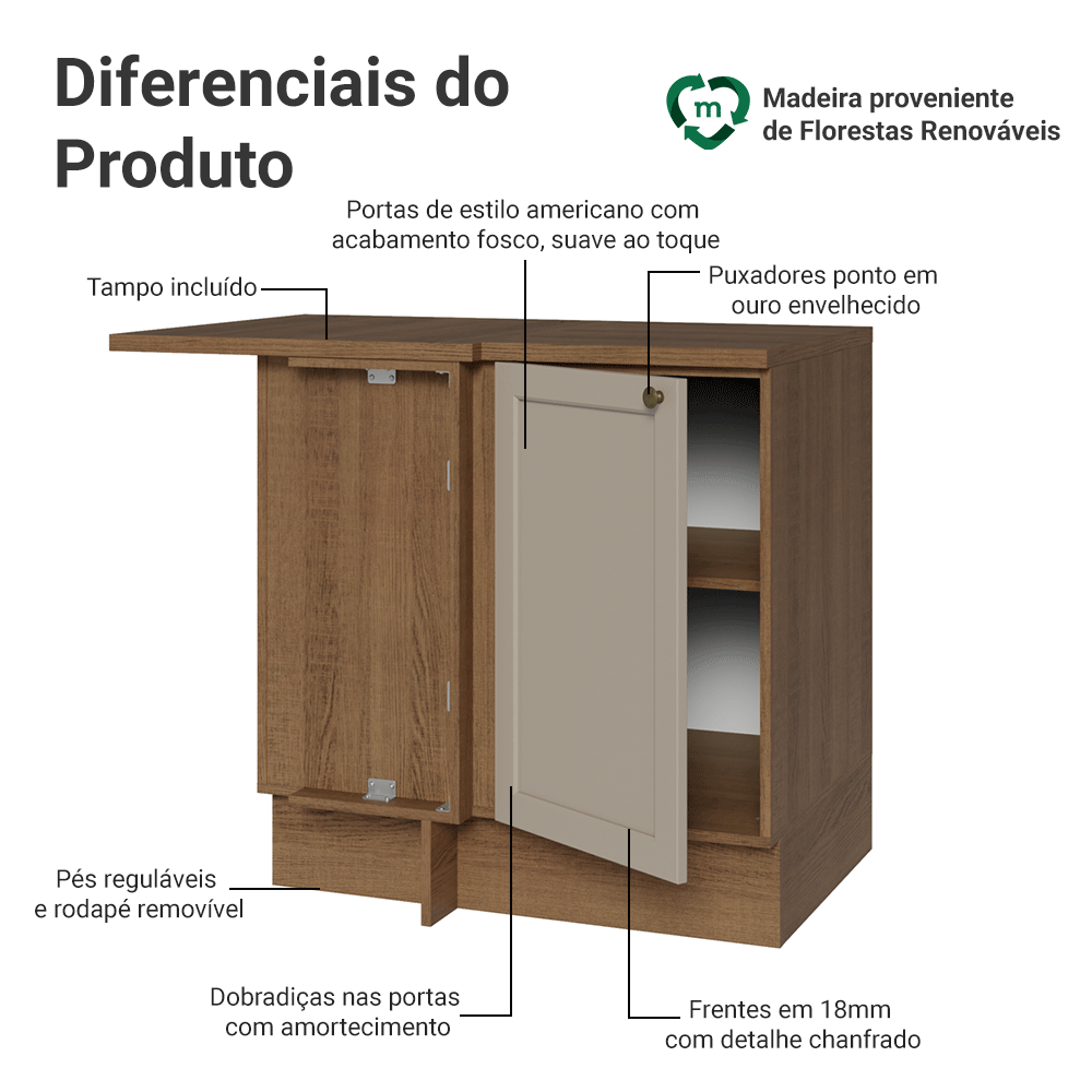Balcão de Canto para Linha de 60 cm Profundidade (Com Tampo) Rustic/Crema Vik Madesa