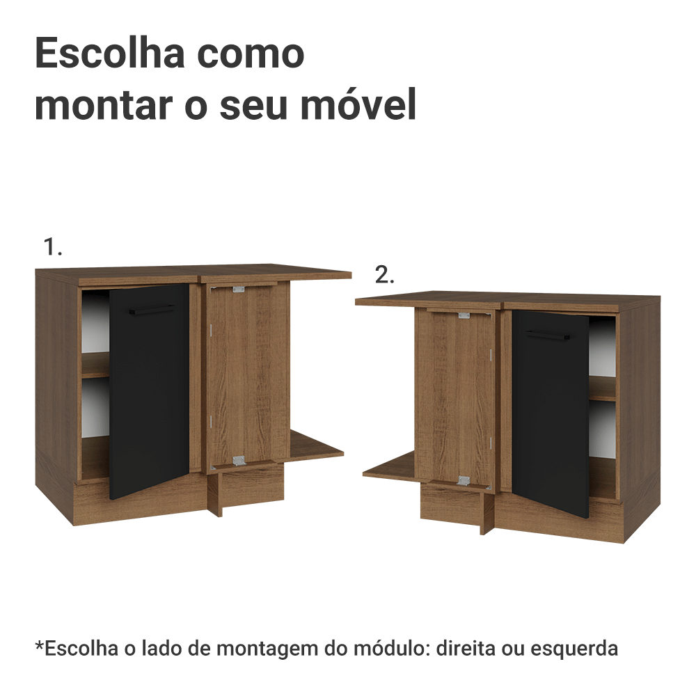 Balcão de Canto Madesa Agata 1 Porta 60 cm Profundidade (Com Tampo) Rustic/Preto