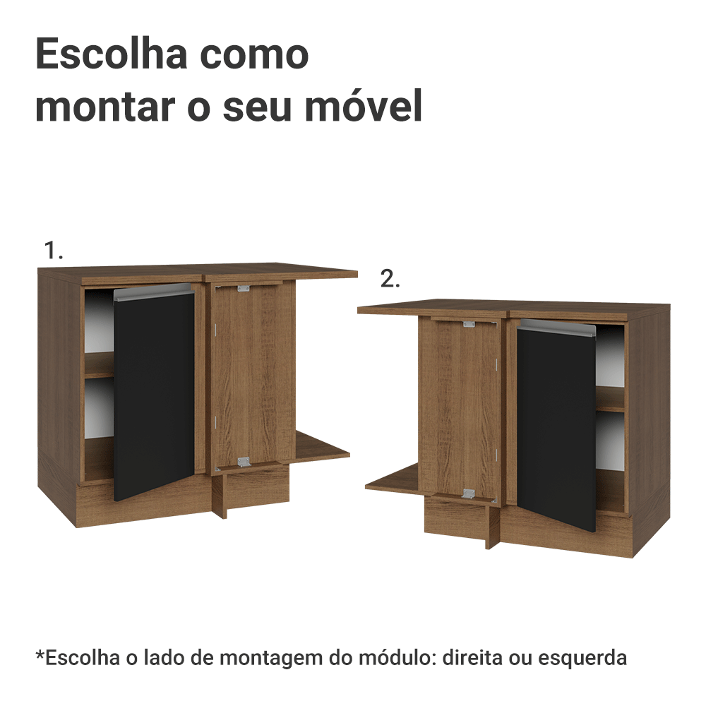 Balcão de Canto Madesa Glamy 1 Porta 60 cm Profundidade (Com Tampo) Rustic/Preto