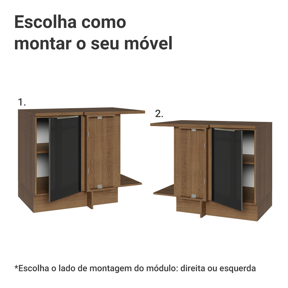 Balcão de Canto para Linha de 60 cm de Profundidade 1 Porta (Com Tampo) Rustic/Preto Lux Madesa