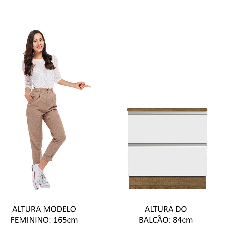 Balcão de Cozinha 80 x 60 cm 2 Gavetas (Com Tampo) Rustic/Branco Glamy Madesa
