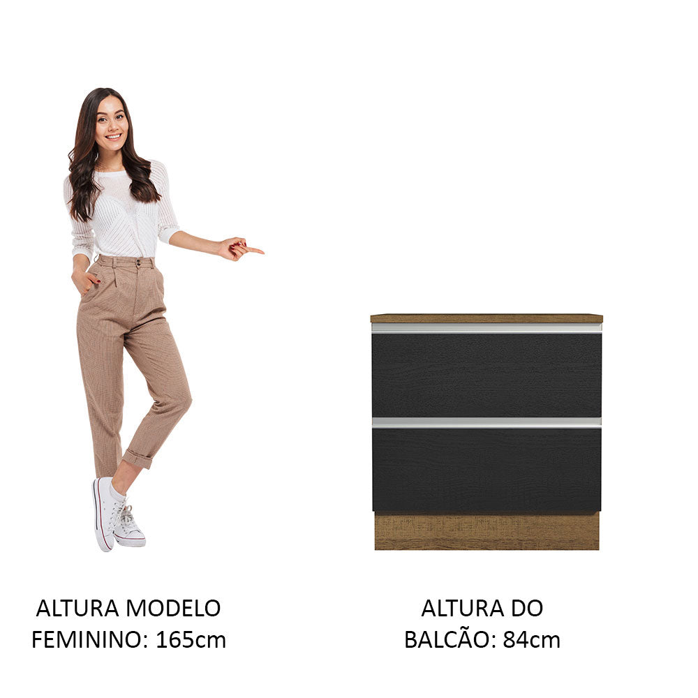 Balcão de Cozinha 80 x 60 cm 2 Gavetas (Com Tampo) Rustic/Preto Glamy Madesa