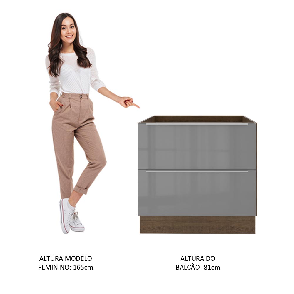 Balcão de Cozinha 80 x 60 cm 2 Gavetas (Sem Tampo) Rustic/Cinza Lux Madesa