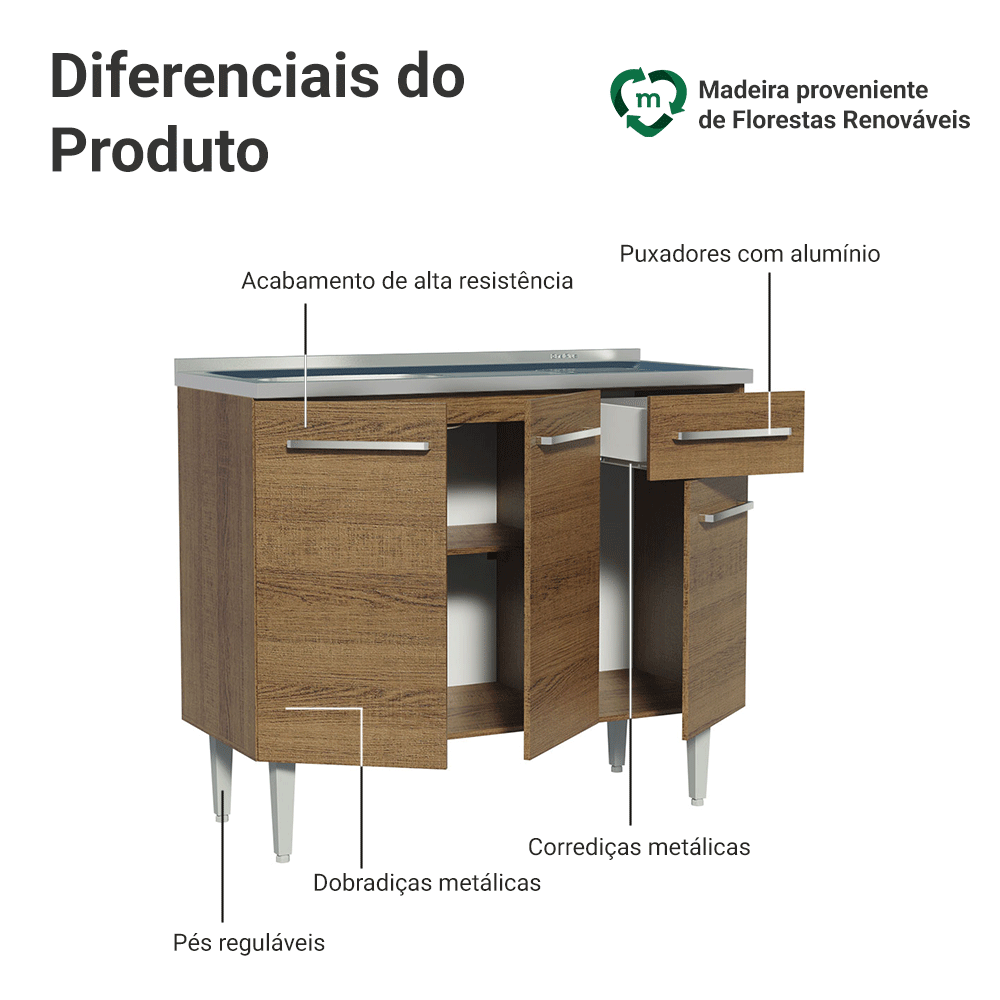 Balcão Gabinete com Pia 3 Portas e 1 Gaveta 105cm Rustic Emilly Madesa