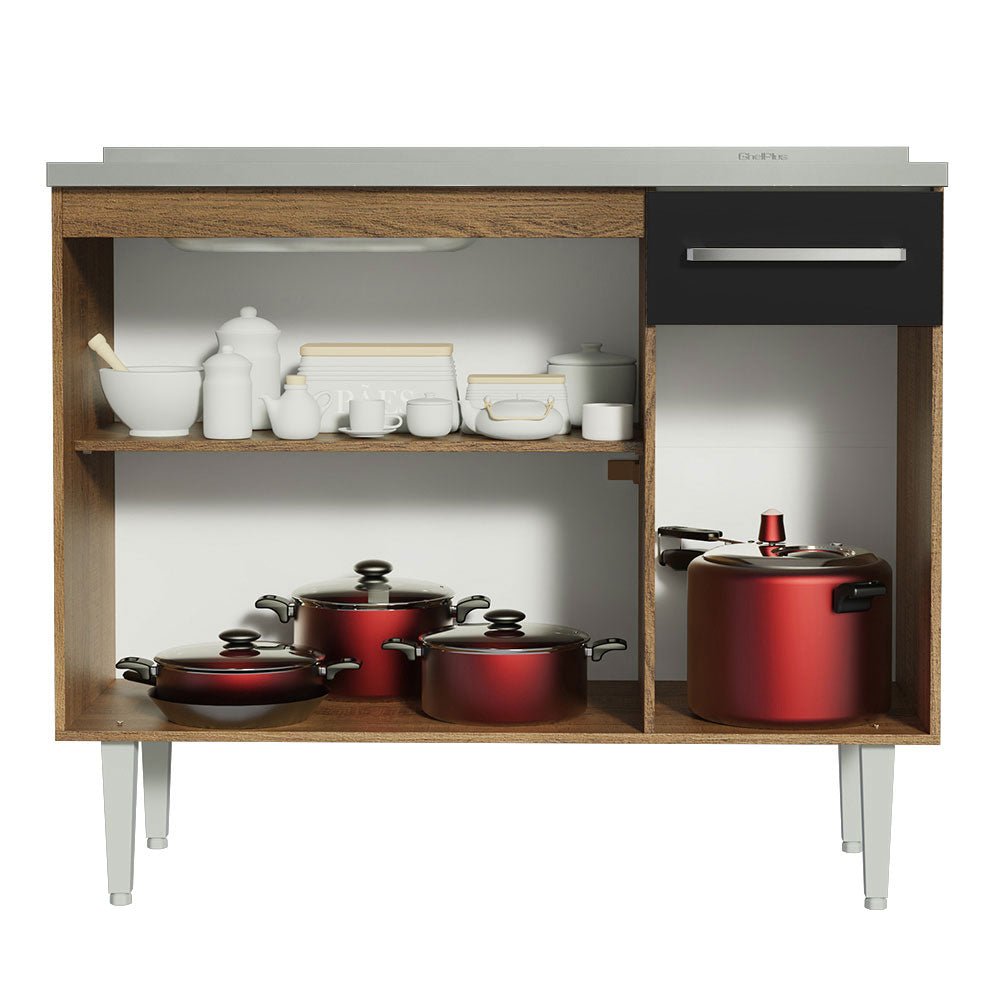 Balcão Gabinete com Pia 3 Portas e 1 Gaveta 105cm Rustic/Preto Emilly Madesa