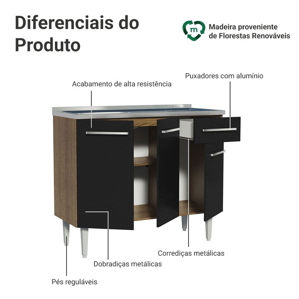 Balcão Gabinete com Pia 3 Portas e 1 Gaveta 105cm Rustic/Preto Emilly Madesa