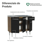 Balcão Gabinete com Pia 3 Portas e 1 Gaveta 105cm Rustic/Preto Emilly Madesa