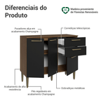 Balcão Gabinete de Pia 105 cm 3 Portas 2 Gavetas Rustic/Preto Lille Madesa