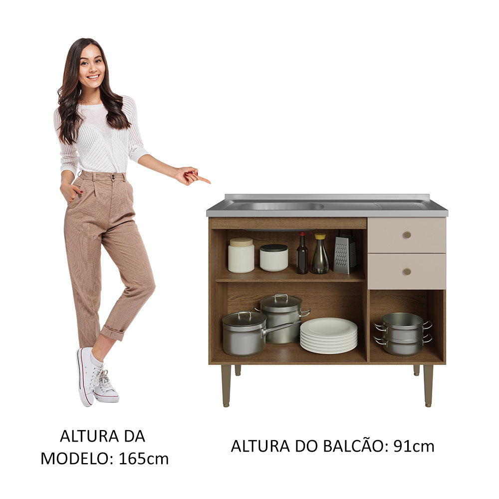 Balcão Gabinete com Pia 3 Portas e 2 Gavetas 105cm Rustic/Crema Gourmet Madesa