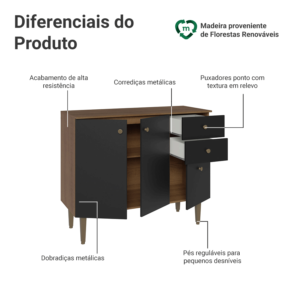 Balcão Gabinete 3 Portas 2 Gavetas Rustic/Preto Gourmet Madesa