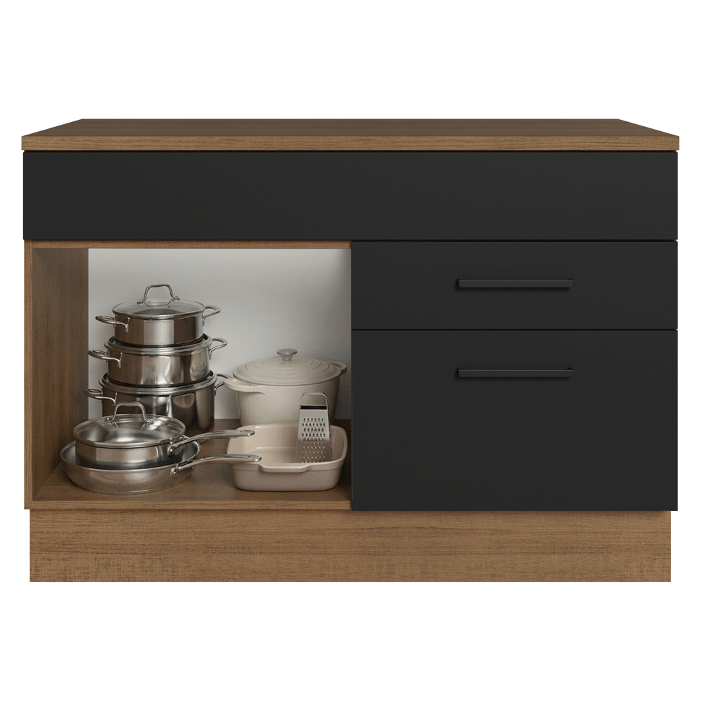 Balcão Cozinha 1 Porta e 2 Gavetas (Com Tampo) Rustic/Preto Agata Madesa