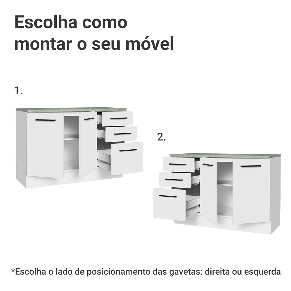 Balcão Cozinha 2 Portas e 3 Gavetas (Com Tampo) Branco Agata Madesa