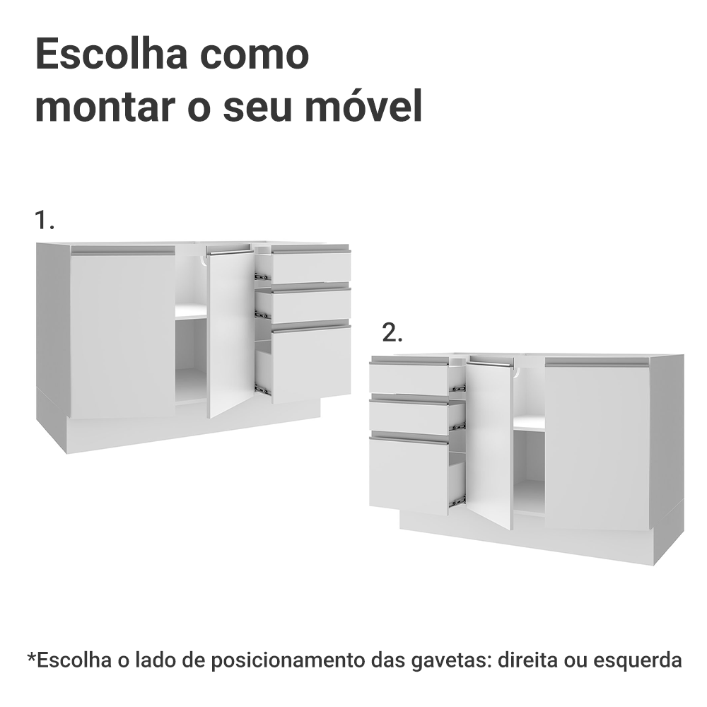 Balcão Gabinete de Pia Madesa Glamy 120 cm 2 Portas e 3 Gavetas (Sem Tampo e Pia) Branco