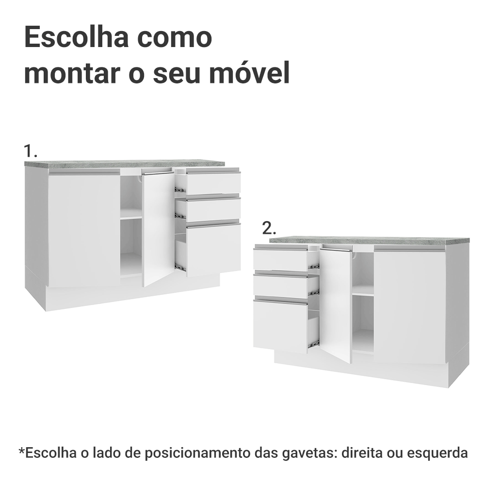 Balcão Madesa Glamy 120 cm 2 Portas e 3 Gavetas (Com Tampo) Branco