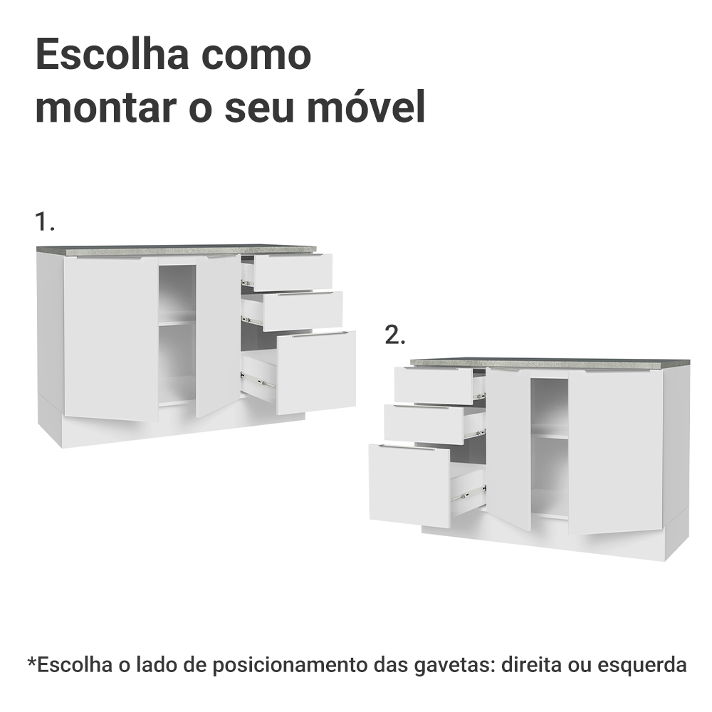 Balcão Cozinha 2 Portas e 3 Gavetas (Com Tampo) Branco Stella Madesa