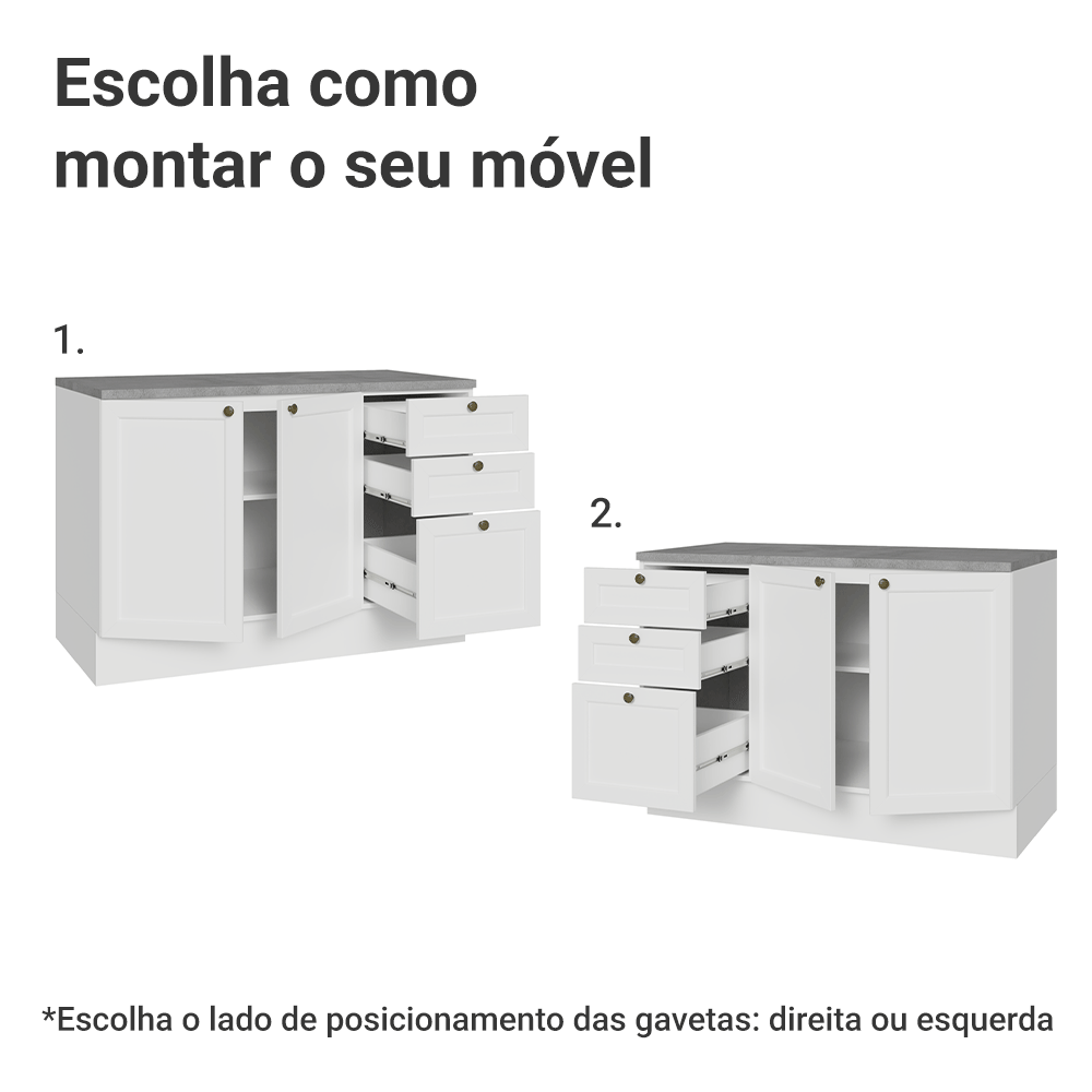Balcão de Cozinha 120 cm 2 Portas 3 Gavetas Branco Vik Madesa