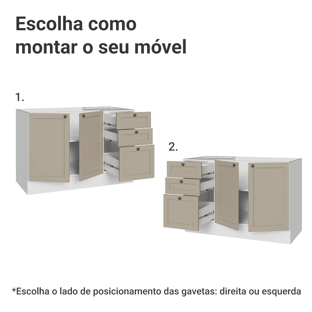 Balcão de Pia 120 cm 2 Portas 3 Gavetas (Sem Tampo) Branco/Crema Vik Madesa