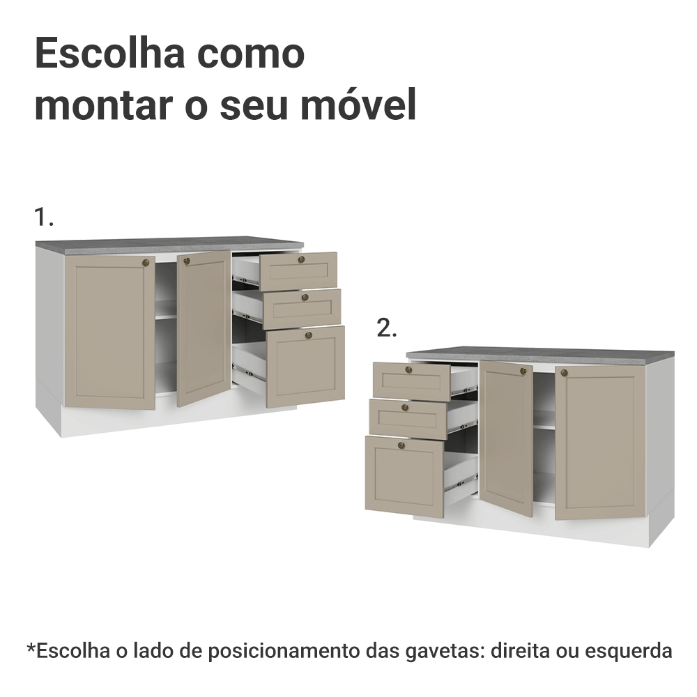 Balcão de Pia 120 cm 2 Portas 3 Gavetas (Com Tampo) Branco/Crema Vik Madesa