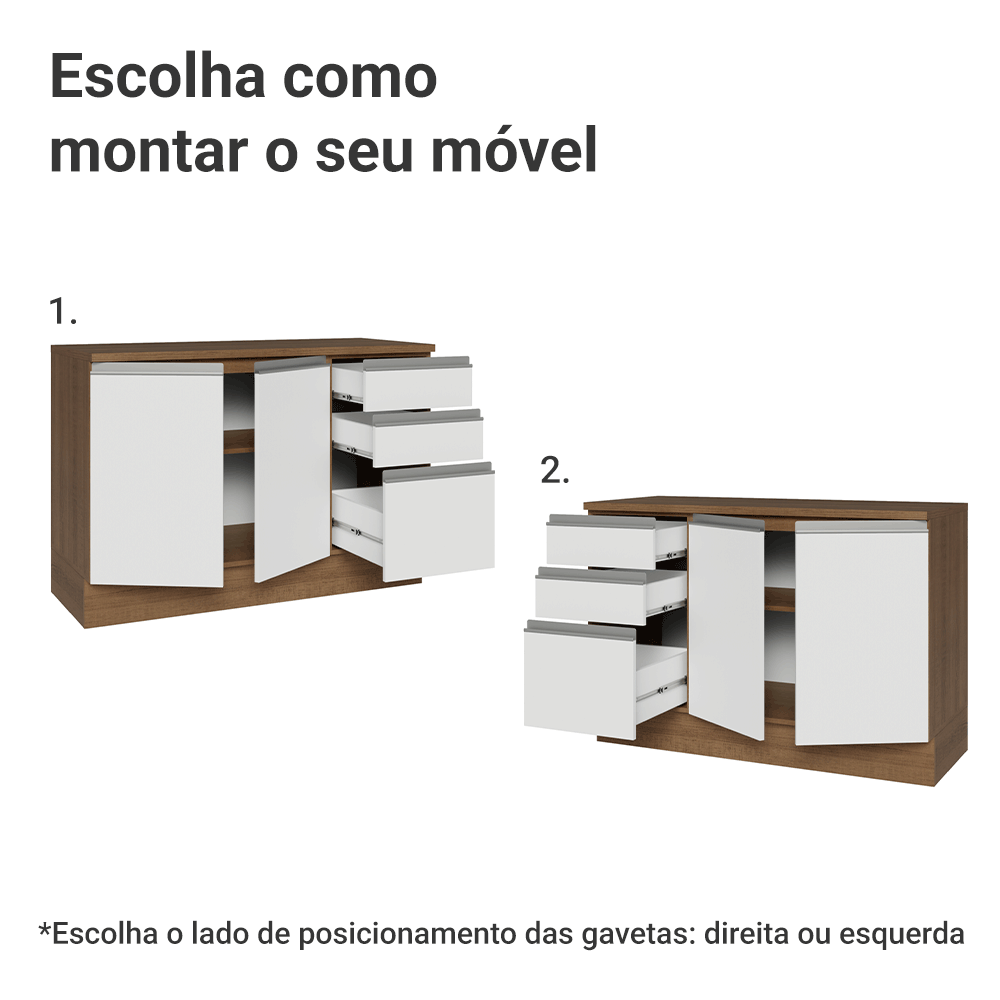 Balcão Madesa Glamy 120 cm 2 Portas e 3 Gavetas (Com Tampo) Rustic/Branco