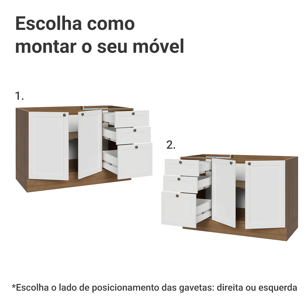 Balcão de Pia 120 cm 2 Portas 3 Gavetas (Sem Tampo) Rustic/Branco Vik Madesa