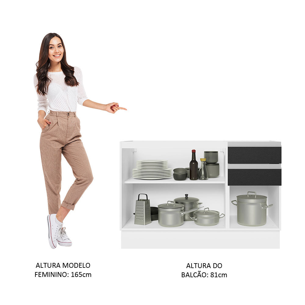 Balcão Gabinete de Pia 100% MDF 120 cm 3 Portas 2 Gavetas Branco/Preto Acordes Madesa