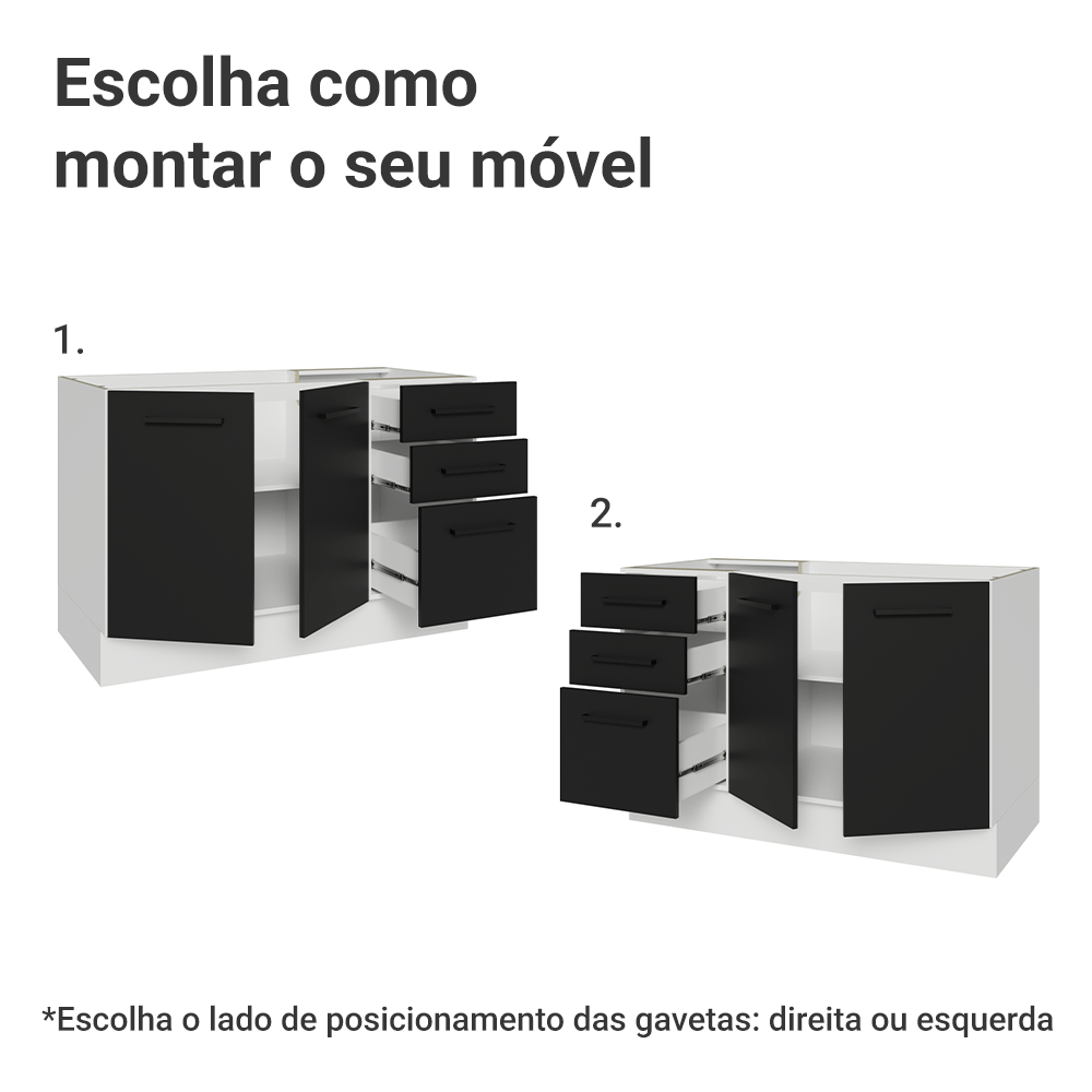 Balcão Gabinete de Pia Madesa Agata 2 Portas e 3 Gavetas (Sem Tampo e Pia) Branco/Preto