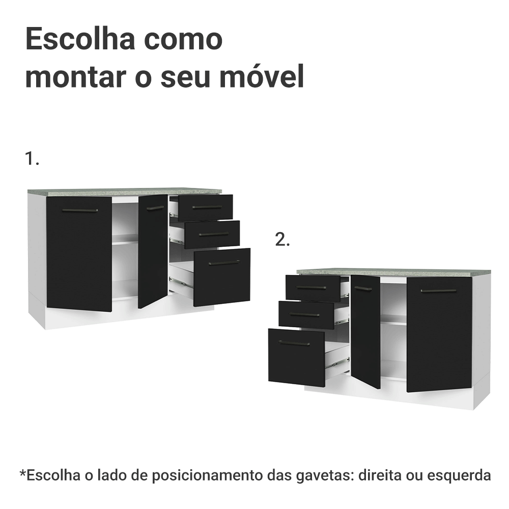 Balcão Cozinha 2 Portas e 3 Gavetas (Com Tampo) Branco/Preto Agata Madesa