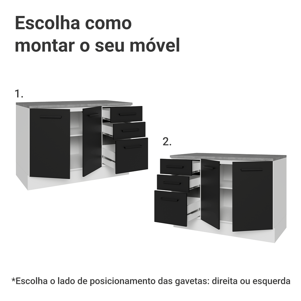 Balcão Cozinha 2 Portas e 3 Gavetas (Com Tampo) Branco/Preto Agata Madesa