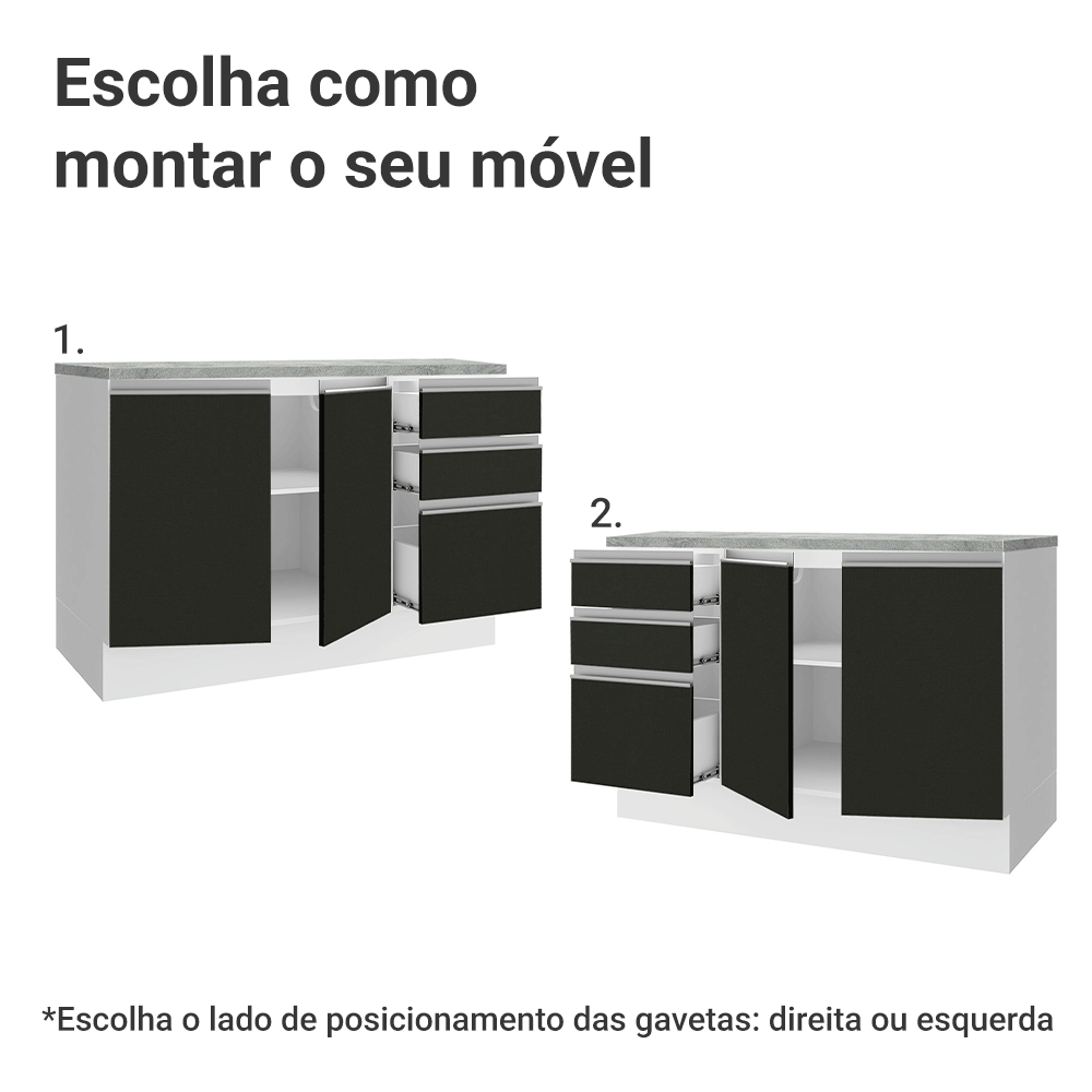 Balcão Madesa Glamy 120 cm 2 Portas e 3 Gavetas (Com Tampo) Branco/Preto