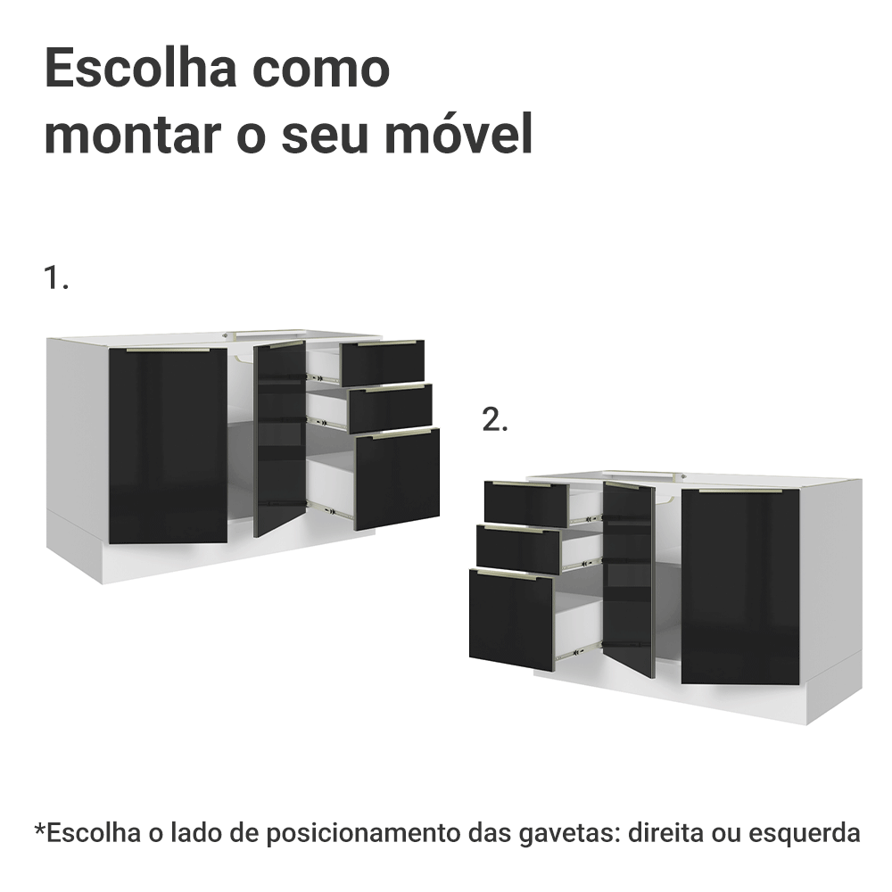 Balcão Gabinete de Pia 120 cm 2 Portas 3 Gavetas (Sem Tampo) Branco/Preto Lux Madesa