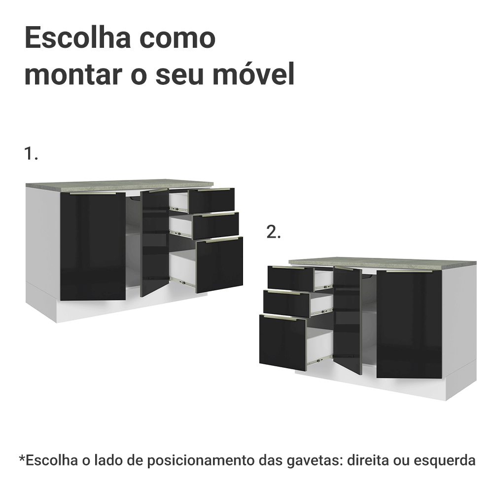 Balcão de Cozinha 120 cm 2 Portas 3 Gavetas Branco/Preto Lux Madesa