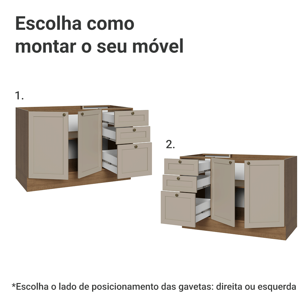 Balcão de Pia 120 cm 2 Portas 3 Gavetas (Sem Tampo) Rustic/Crema Vik Madesa