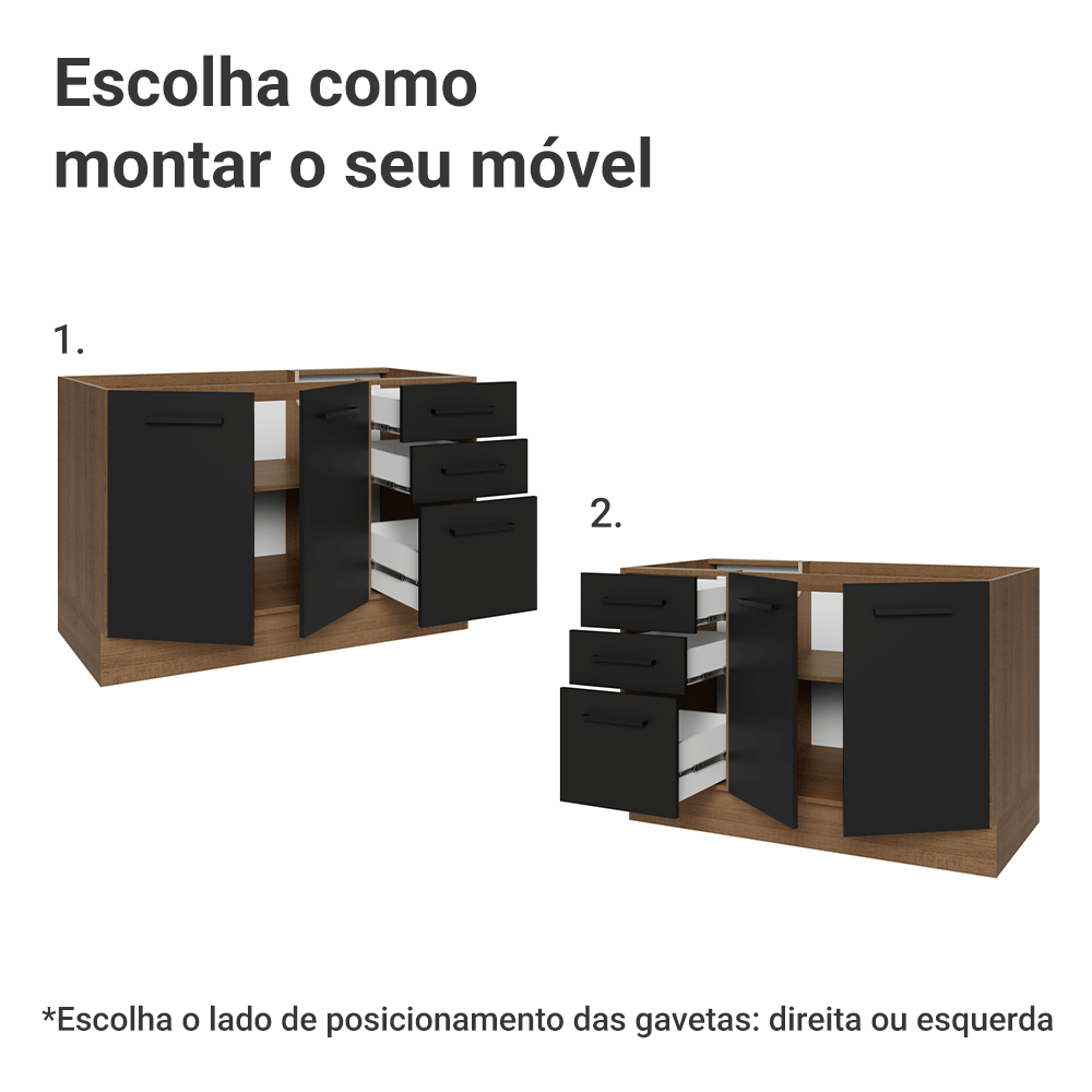 Balcão Gabinete de Pia Madesa Agata 2 Portas e 3 Gavetas (Sem Tampo e Pia) Rustic/Preto