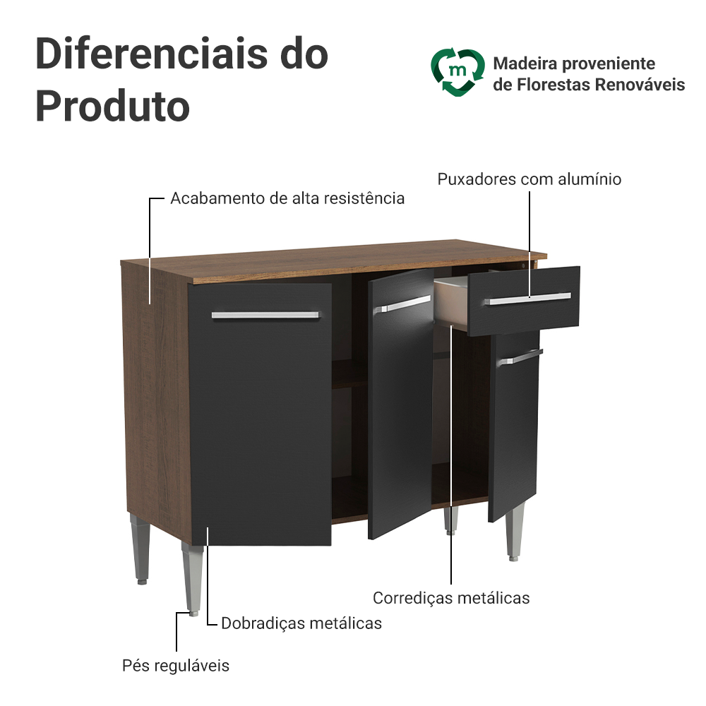 Balcão Gabinete Madesa Emilly 3 Portas e 1 Gaveta Rustic/Preto