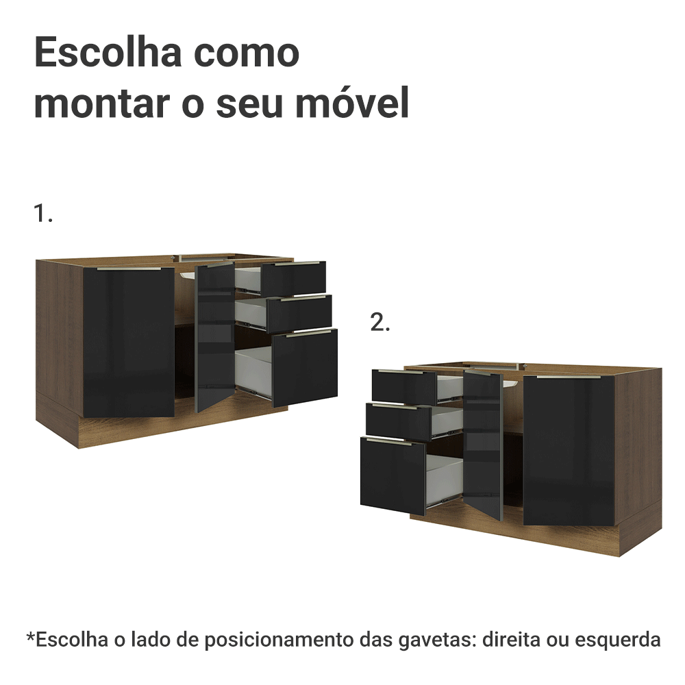 Balcão Gabinete de Pia 120 cm 2 Portas 3 Gavetas (Sem Tampo) Rustic/Preto Lux Madesa