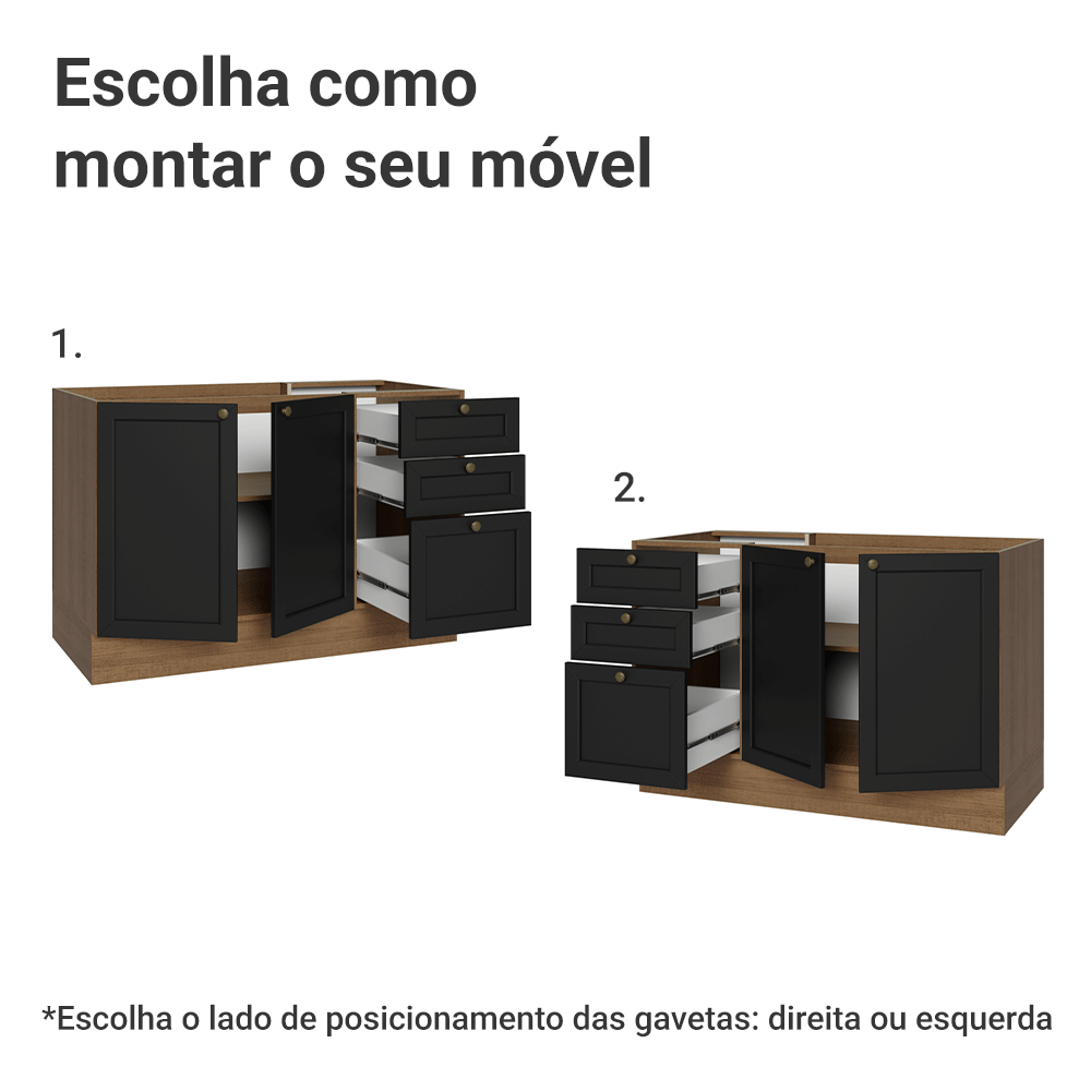 Balcão de Pia 120 cm 2 Portas 3 Gavetas (Sem Tampo) Rustic/Preto Vik Madesa