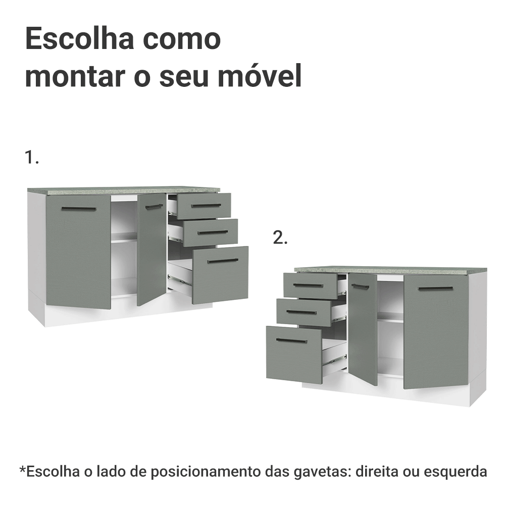 Balcão Cozinha 2 Portas e 3 Gavetas (Com Tampo) Branco/Cinza Agata Madesa
