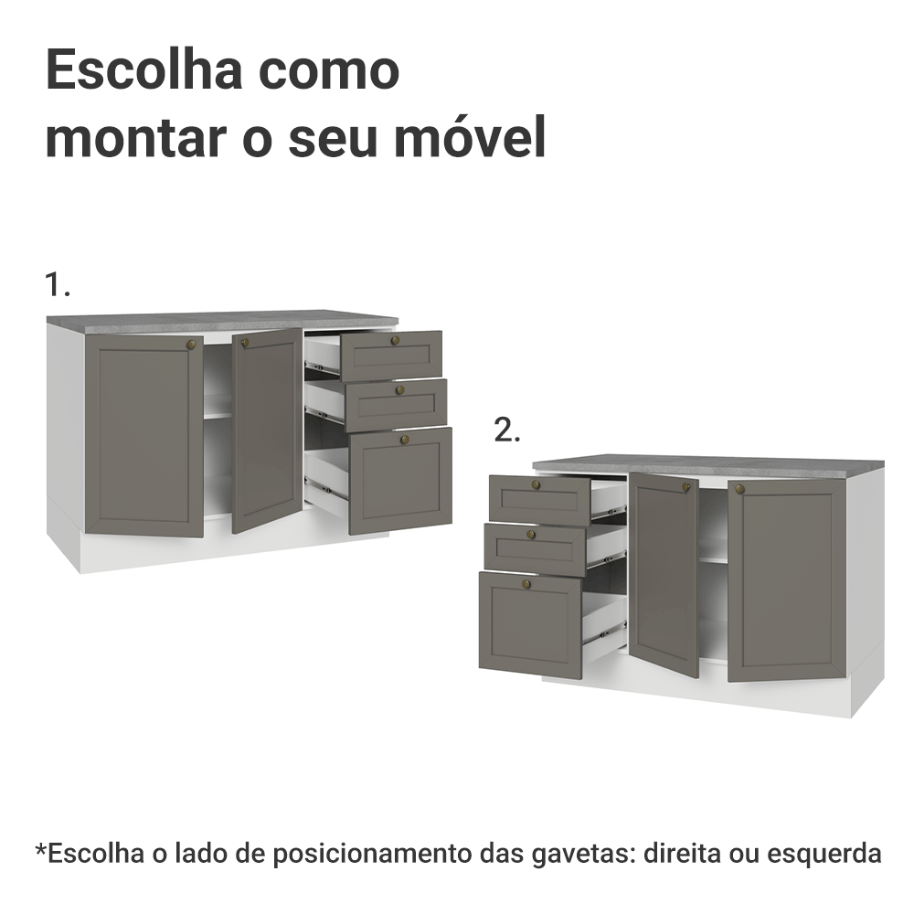 Balcão de Cozinha 120 cm 2 Portas 3 Gavetas Branco/Cinza Vik Madesa