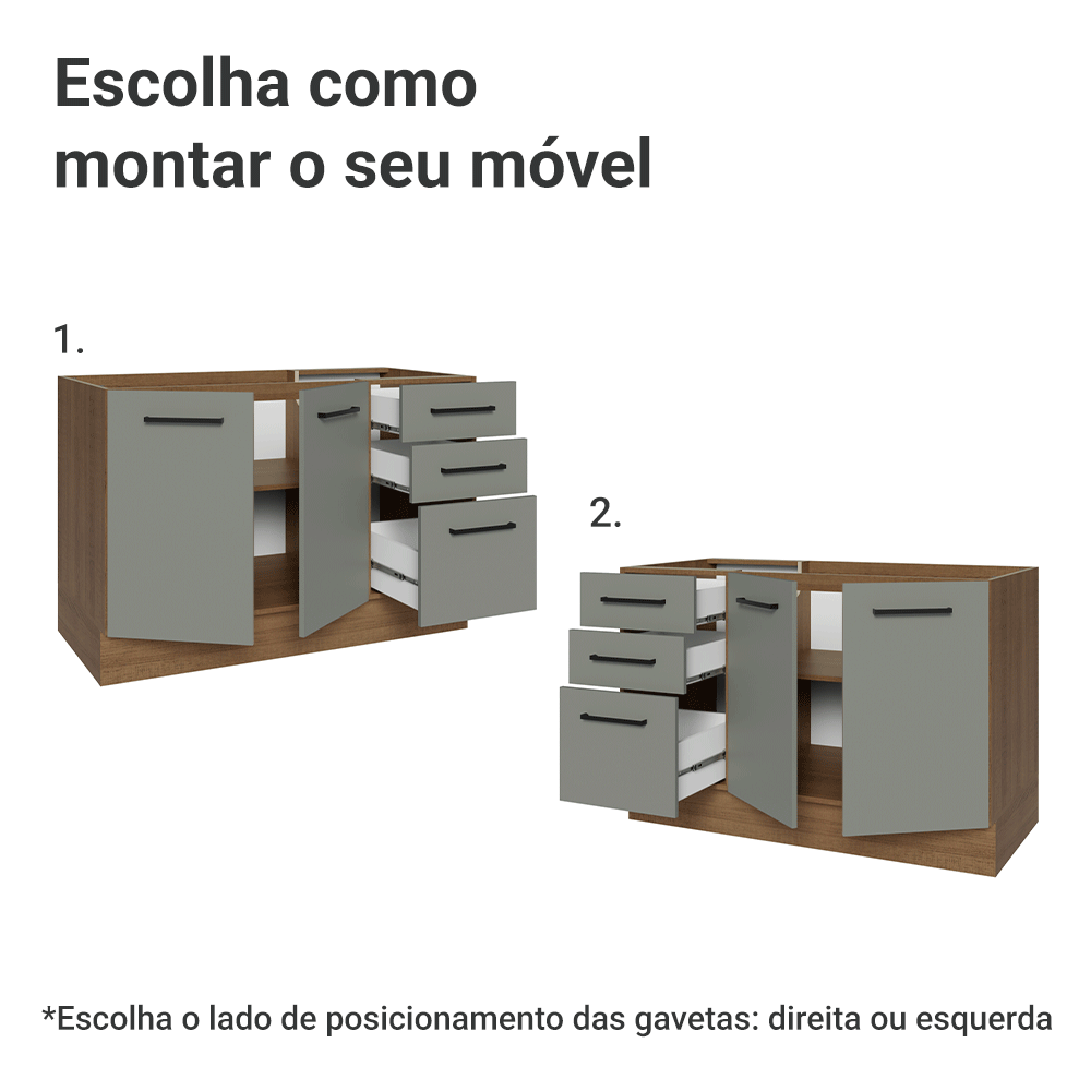 Balcão Gabinete de Pia Madesa Agata 2 Portas e 3 Gavetas (Sem Tampo e Pia) Rustic/Cinza