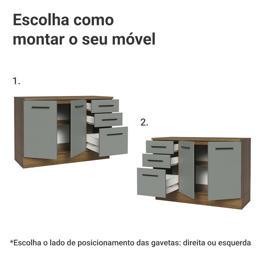 Balcão Cozinha 2 Portas e 3 Gavetas (Com Tampo) Rustic/Cinza Agata Madesa