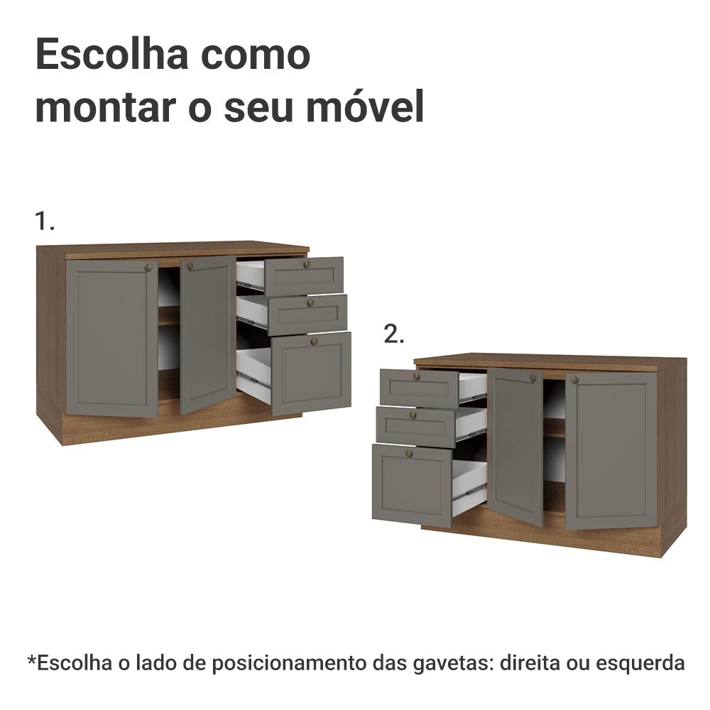 Balcão de Cozinha 120 cm 2 Portas 3 Gavetas Rustic/Cinza Vik Madesa