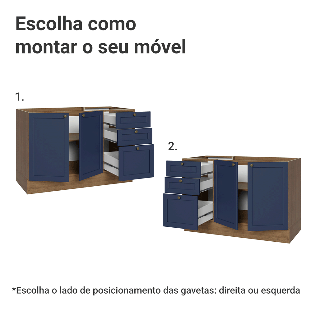 Balcão de Pia 120 cm 2 Portas 3 Gavetas (Sem Tampo) Rustic/Azul Vik Madesa