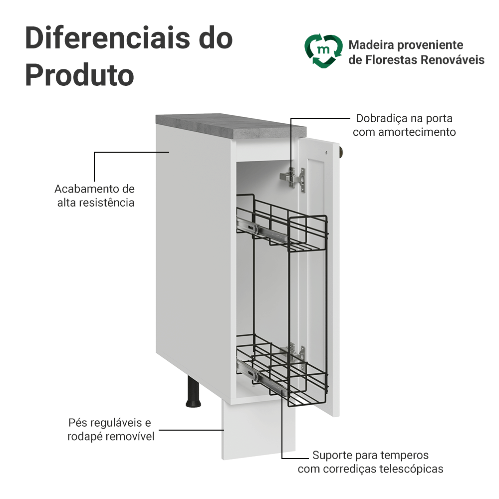 Balcão Porta-Temperos 20 cm 1 Porta Branco Vik Madesa