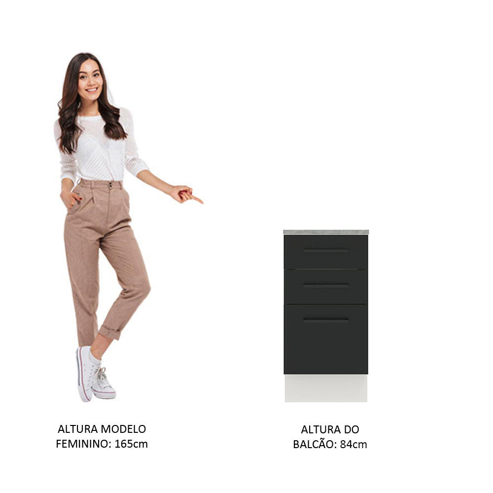 Balcão Madesa Agata 40 cm 3 Gavetas Branco/Preto